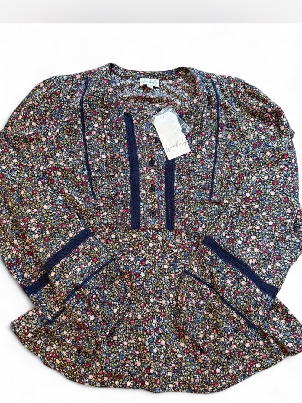 Wonderly Navy-Trim Multicolor Floral Peasant Tunic